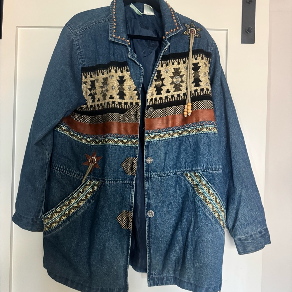 Vintage Denim Jacket with Southwestern Pattern